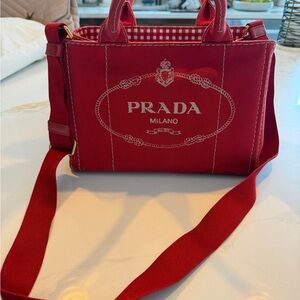Prada Canvas Tote with White Logo Embroidery 10.5 x 7.5 x 6.5 deep